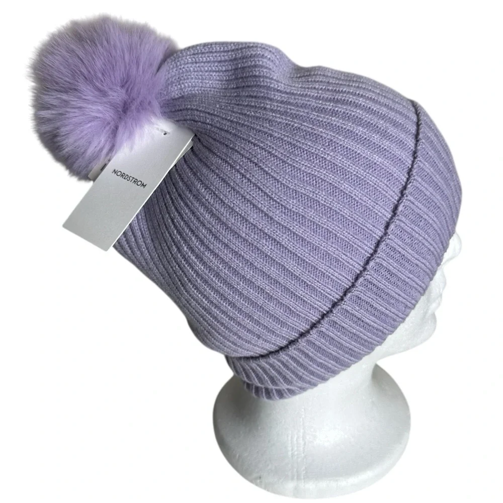 Nordstrom Ribbed Knit Fleece Lined Faux Fur Pom Pom Beanie NWT Purple Pastel